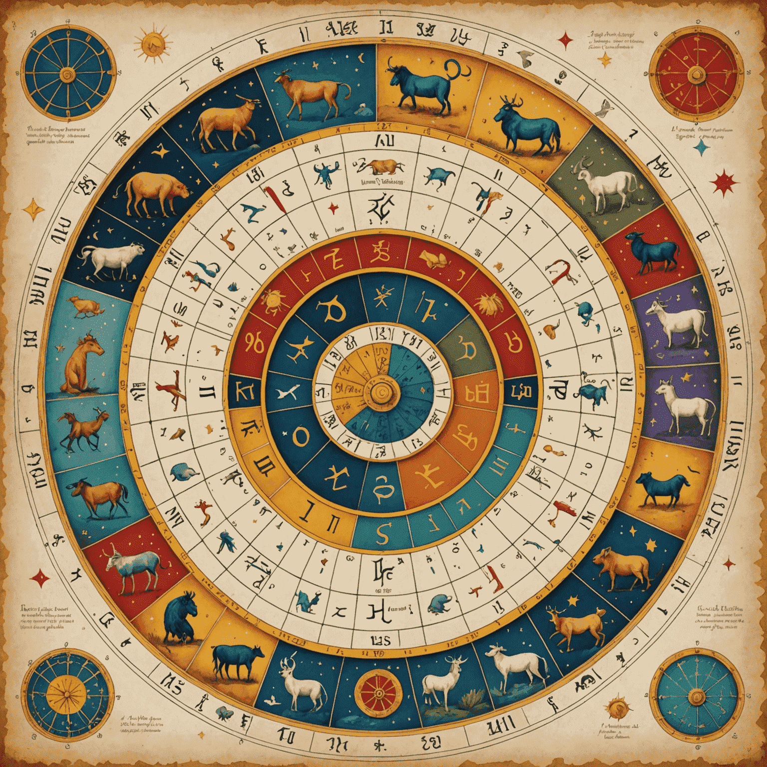 Kolorowa ilustracja przedstawiająca koło zodiakalne z 12 domami astrologicznymi, każdy oznaczony symbolem i krótkim opisem